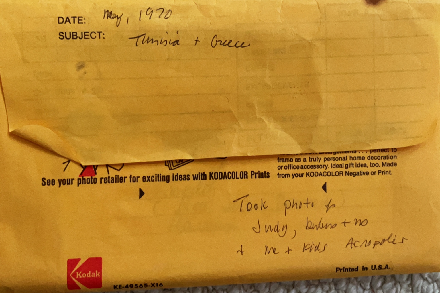 Kodak envelope labeled Tunisia and Greece, May 1970